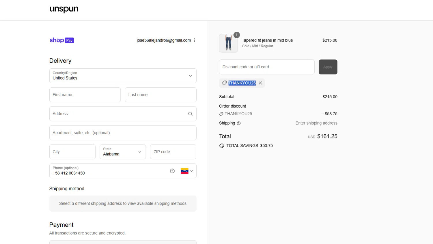 Unspun checkout page showing Unspun promo code box | Screenshot taken by SimplyCodes community member on Jul 23, 2025