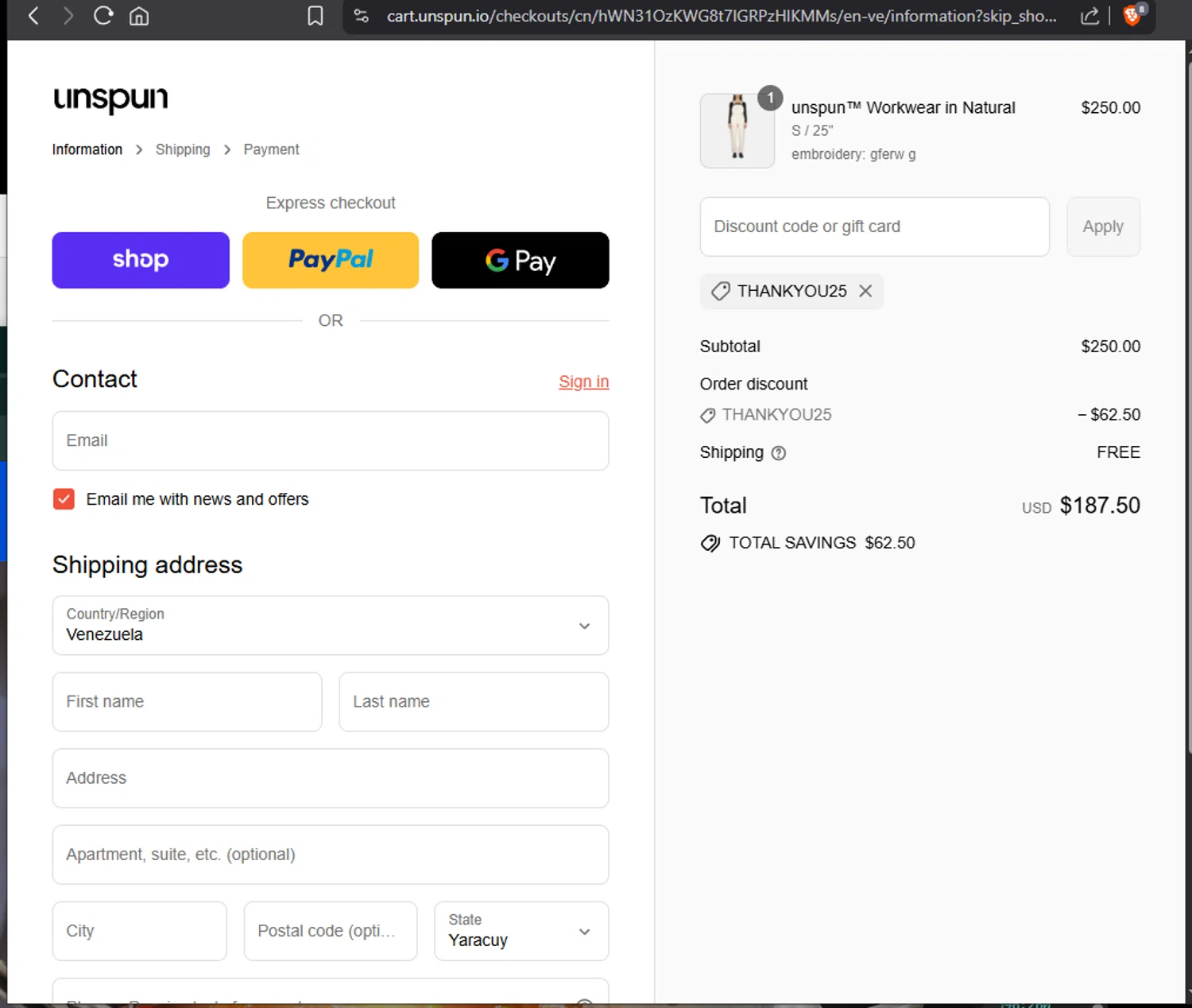 Unspun promo code screenshot showing code THANKYOU25 applied at Unspun checkout page. Uploaded by SimplyCodes community member Jmhernand1 on Sep 15, 2025