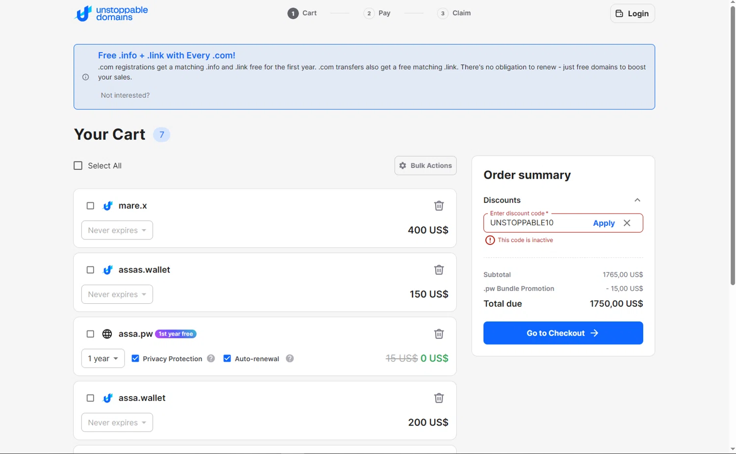 Unstoppable Domains promo code screenshot showing code UNSTOPPABLE10 applied at Unstoppable Domains checkout page. Uploaded by SimplyCodes community member LuckyExpert7689 on Aug 29, 2025
