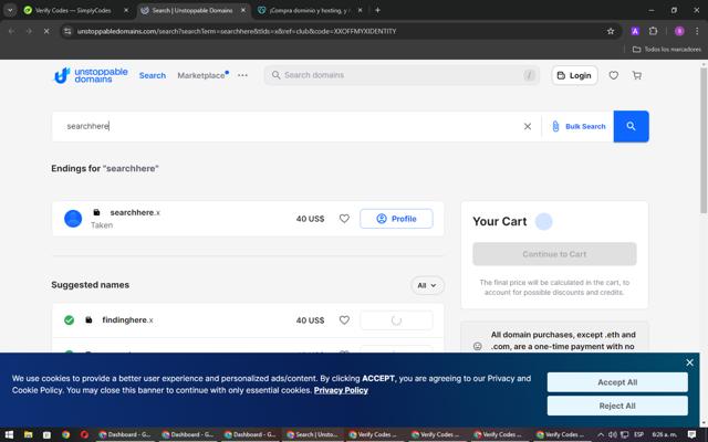 Unstoppable Domains checkout page showing Unstoppable Domains promo code box | Screenshot taken by SimplyCodes community member on Aug 15, 2024