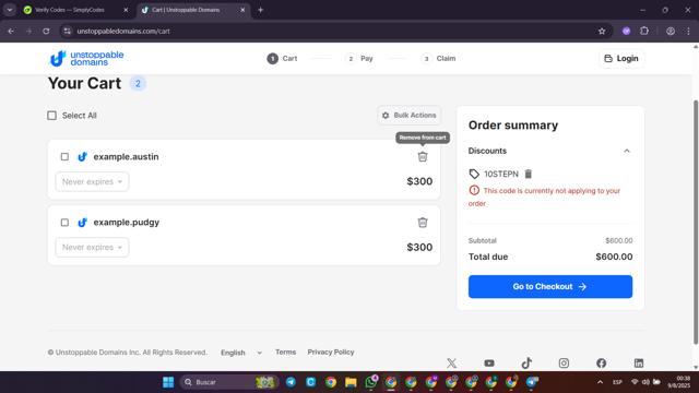 Unstoppable Domains checkout page showing Unstoppable Domains promo code box | Screenshot taken by SimplyCodes community member on Aug 9, 2025
