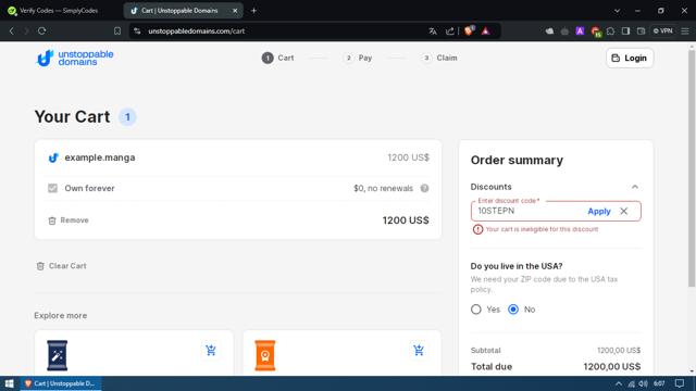 Unstoppable Domains checkout page showing Unstoppable Domains promo code box | Screenshot taken by SimplyCodes community member on Aug 2, 2024