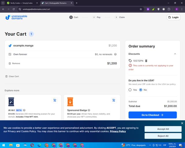 Unstoppable Domains checkout page showing Unstoppable Domains promo code box | Screenshot taken by SimplyCodes community member on Aug 2, 2024