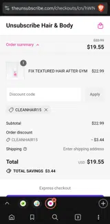 CLEANHAIR15 coupon verification screenshot