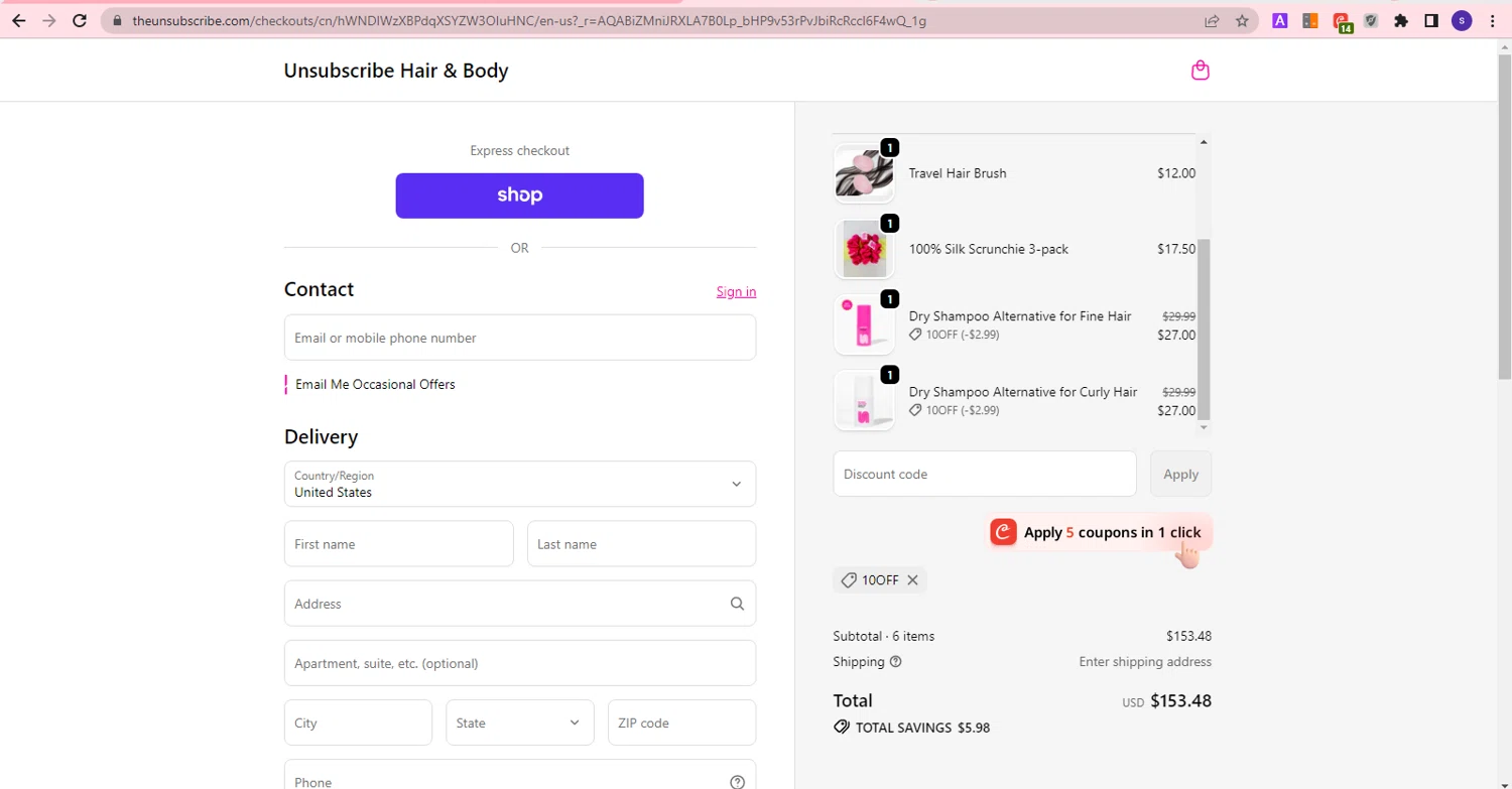 Unsubscribe promo code screenshot showing code 10OFF applied at Unsubscribe checkout page. Uploaded by SimplyCodes community member PrincessCoupon on Jun 13, 2026