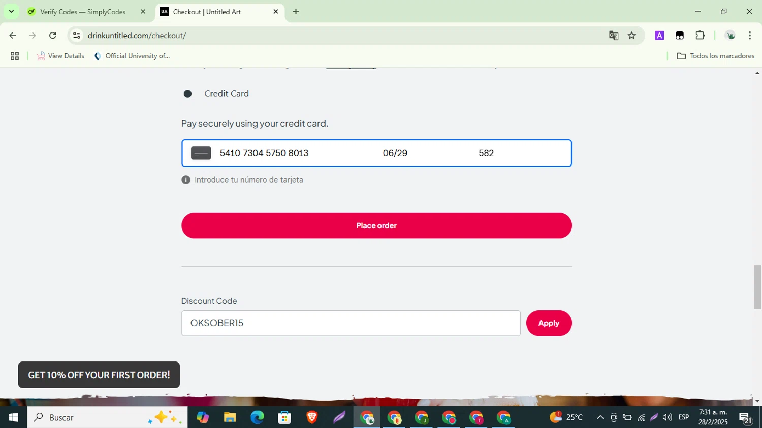 Untitled Art promo code screenshot showing code OKSOBER15 applied at Untitled Art checkout page. Uploaded by SimplyCodes community member ShrewdSaver8478 on Feb 28, 2025