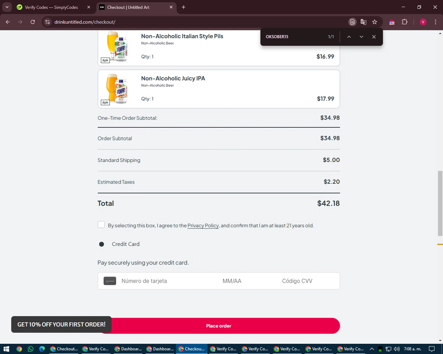 Untitled Art promo code screenshot showing code OKSOBER15 applied at Untitled Art checkout page. Uploaded by SimplyCodes community member ShieldEagle6102 on Feb 28, 2025