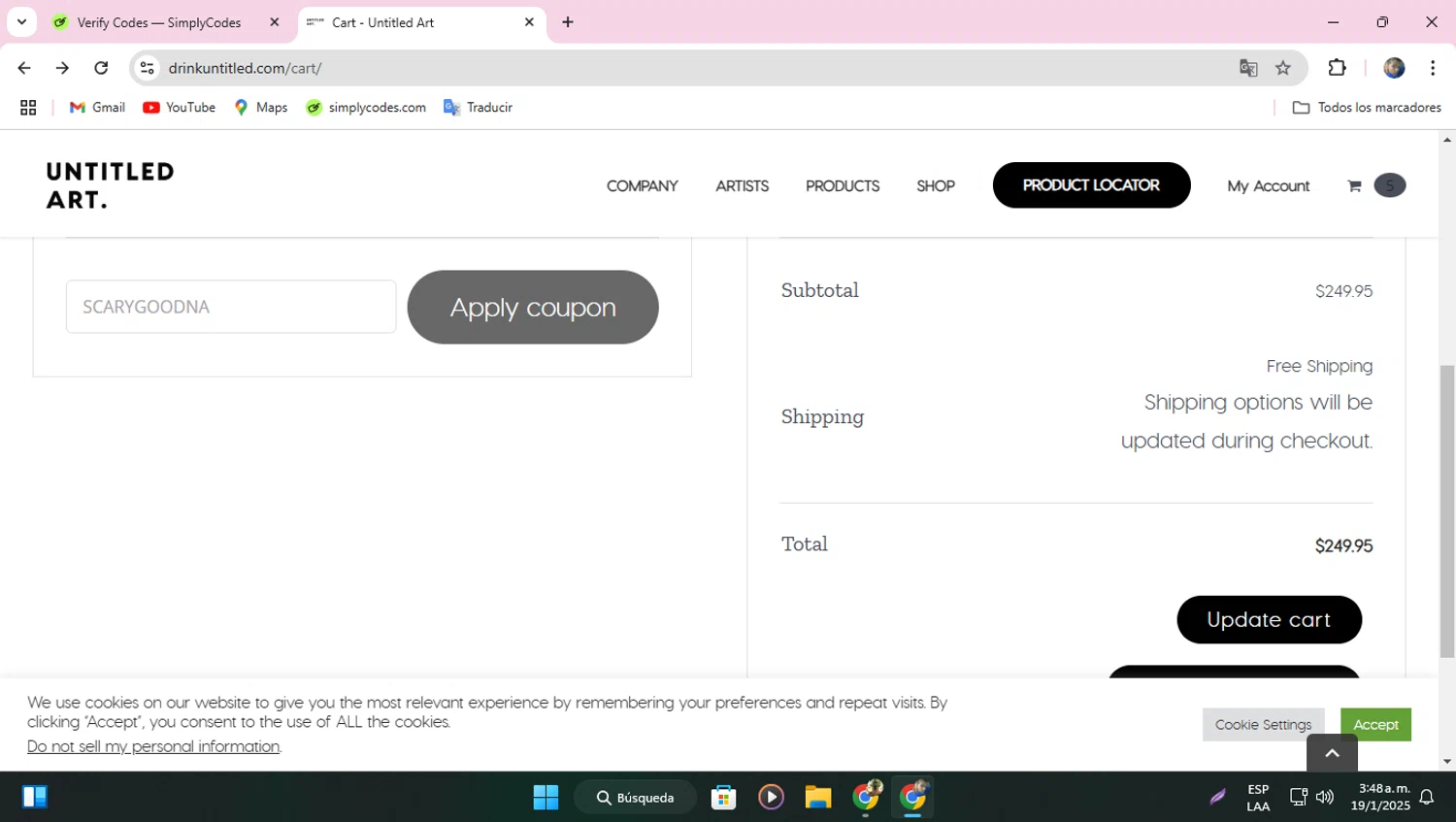 Untitled Art checkout page showing Untitled Art promo code box | Screenshot taken by SimplyCodes community member on Jan 19, 2025