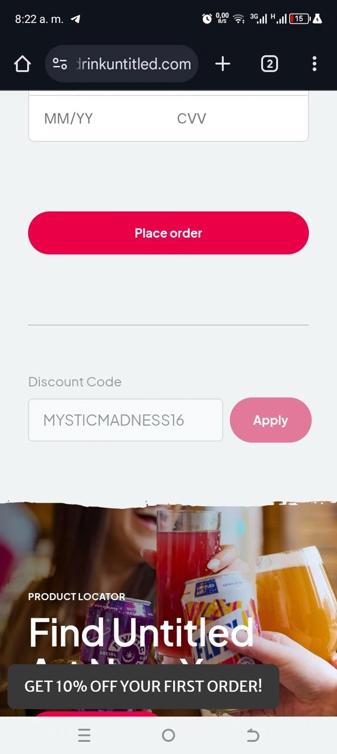 Untitled Art promo code screenshot showing code MYSTICMADNESS16 applied at Untitled Art checkout page. Uploaded by SimplyCodes community member annehathaway on Apr 17, 2025