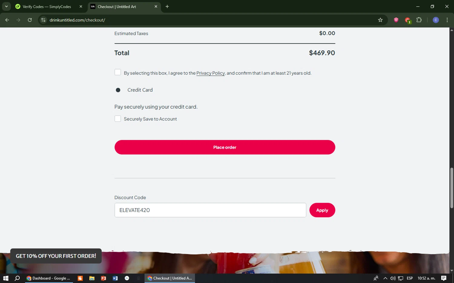 Untitled Art promo code screenshot showing code ELEVATE420 applied at Untitled Art checkout page. Uploaded by SimplyCodes community member Cr7aveiro on Jun 11, 2025