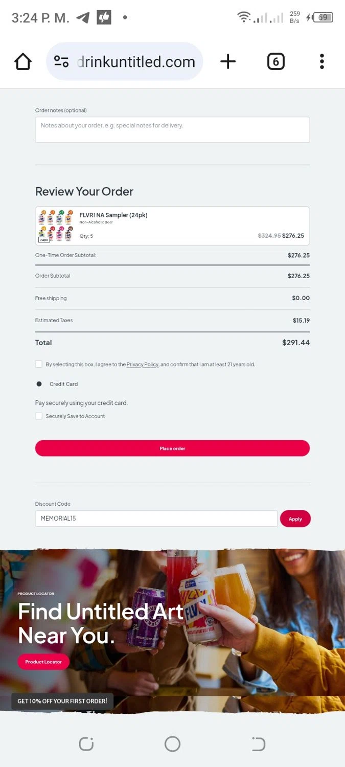 Untitled Art promo code screenshot showing code MEMORIAL15 applied at Untitled Art checkout page. Uploaded by SimplyCodes community member PennyWizard7963 on Jun 7, 2025