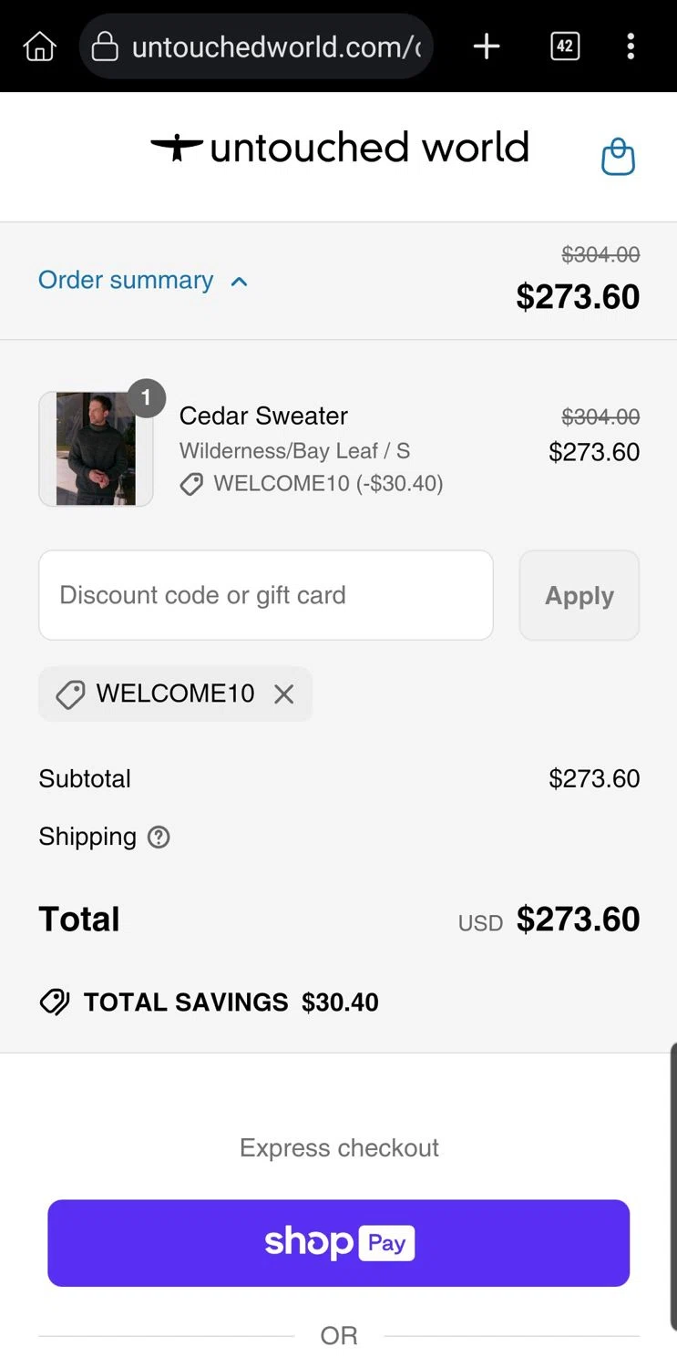 Untouched World promo code screenshot showing code WELCOME10 applied at Untouched World checkout page. Uploaded by SimplyCodes community member Carloslvz on Jun 22, 2025