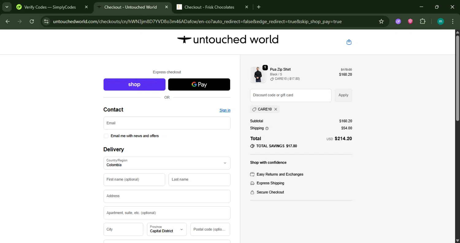 Untouched World promo code screenshot showing code Care10 applied at Untouched World checkout page. Uploaded by SimplyCodes community member CrownSpotter4262 on Oct 4, 2025