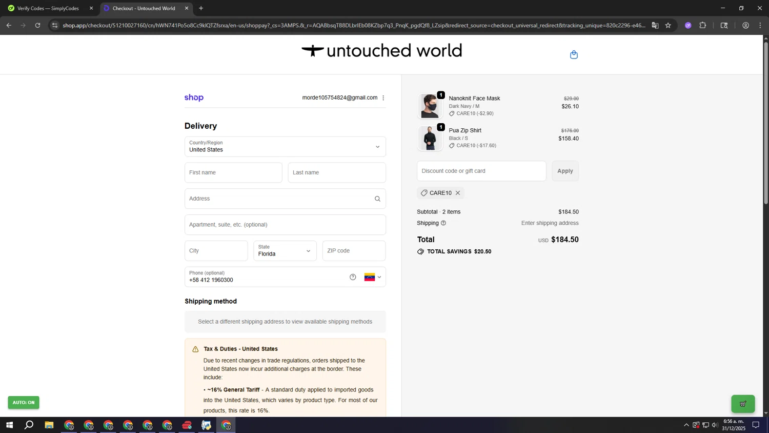 Untouched World promo code screenshot showing code Care10 applied at Untouched World checkout page. Uploaded by SimplyCodes community member qqqqqqqqqqqqq on Dec 31, 2025