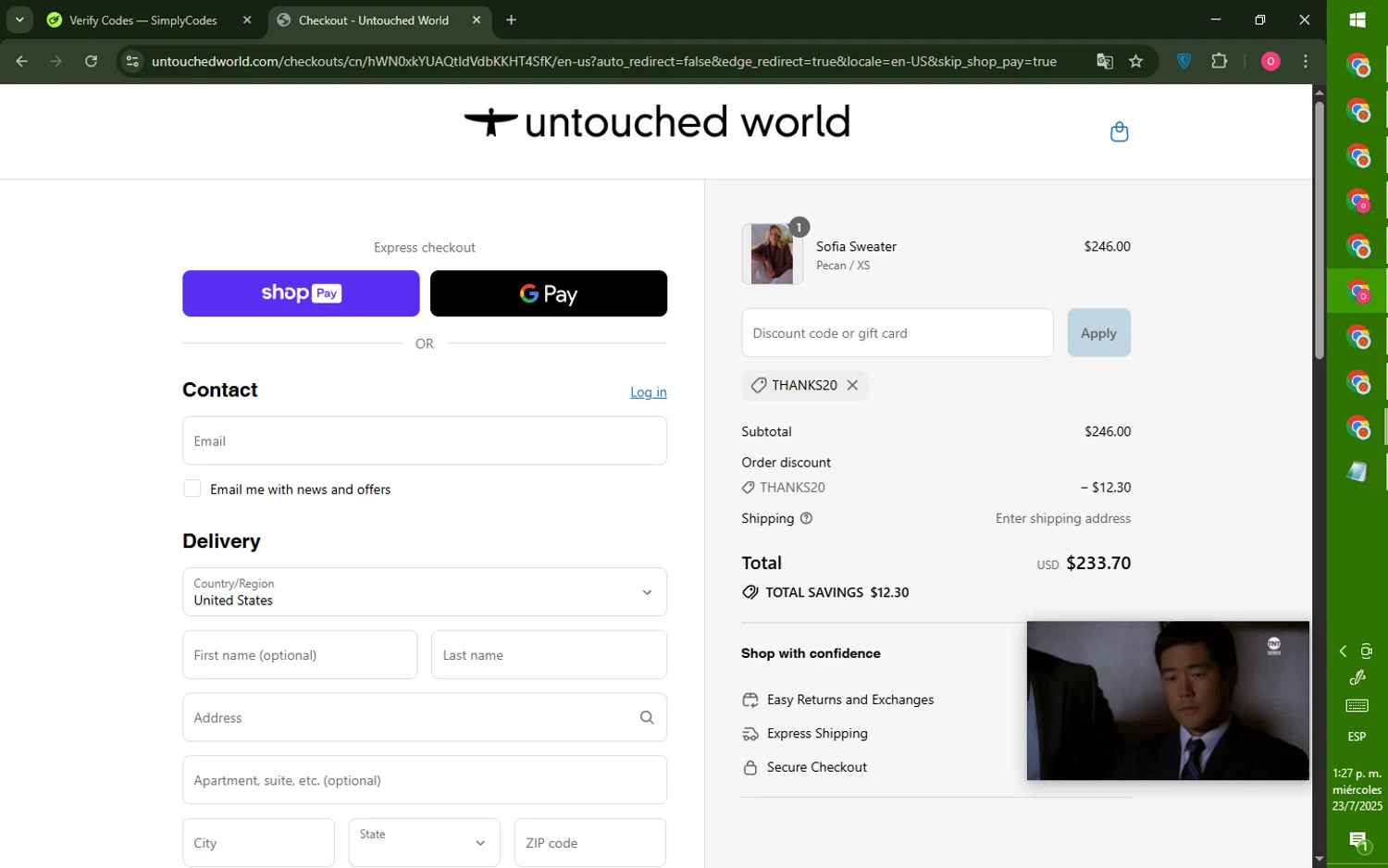 Untouched World promo code screenshot showing code THANKS20 applied at Untouched World checkout page. Uploaded by SimplyCodes community member LegendaryRanger6350 on Jul 23, 2025