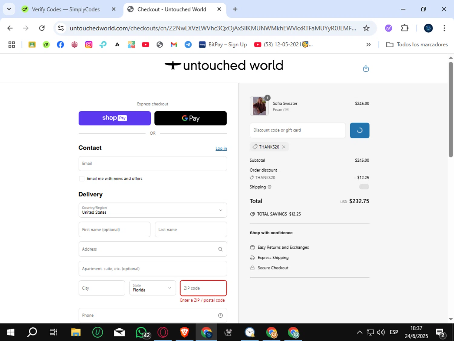 Untouched World promo code screenshot showing code THANKS20 applied at Untouched World checkout page. Uploaded by SimplyCodes community member SunJinWoo on Jun 24, 2025