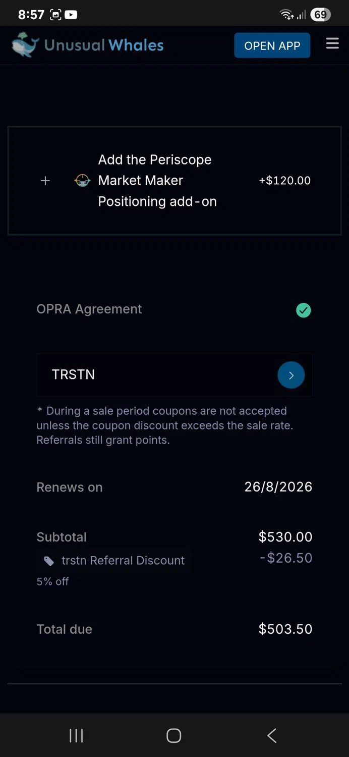 Unusual Whales discount code screenshot showing code TRSTN applied at Unusual Whales checkout page. Uploaded by SimplyCodes community member BudgetSpotter1238 on Aug 27, 2025