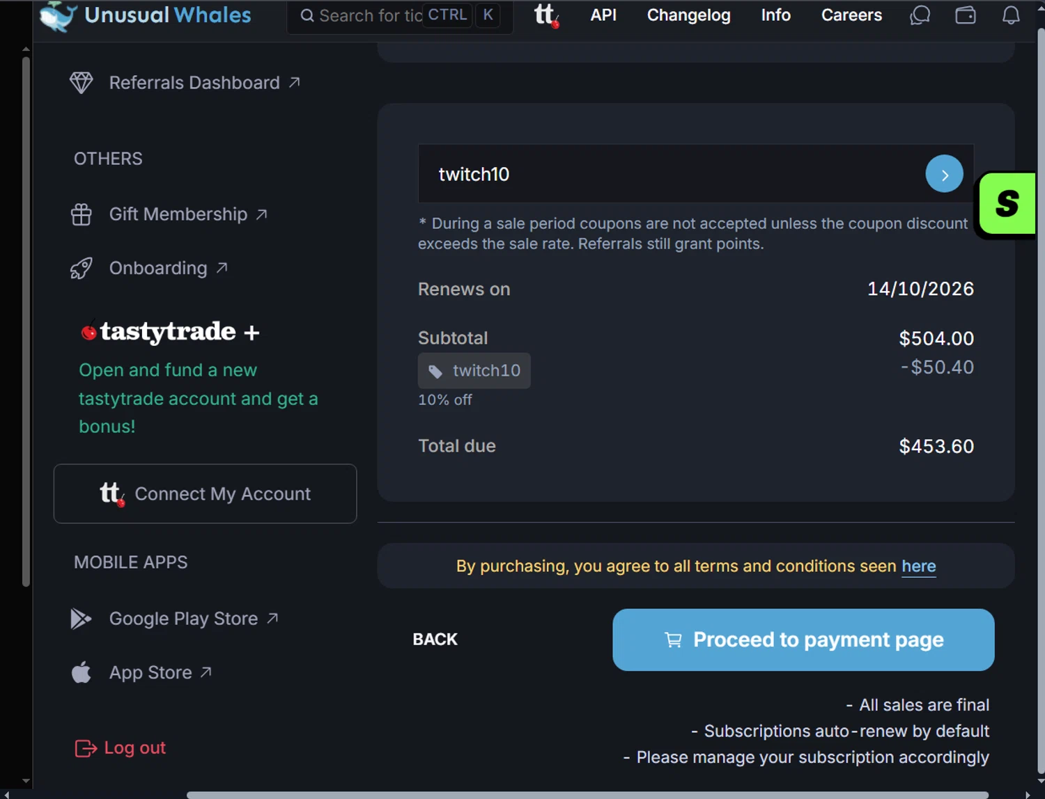 Unusual Whales discount code screenshot showing code twitch10 applied at Unusual Whales checkout page. Uploaded by SimplyCodes community member ValiantLion5897 on Oct 14, 2025