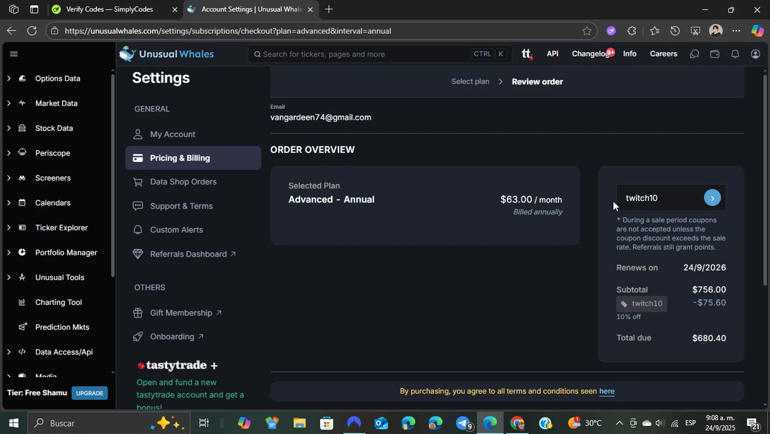 Unusual Whales discount code screenshot showing code twitch10 applied at Unusual Whales checkout page. Uploaded by SimplyCodes community member WonderKnight7884 on Sep 24, 2025