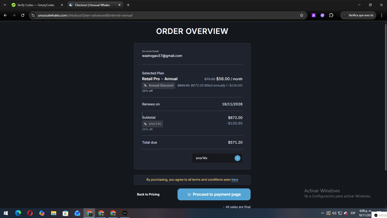 Unusual Whales discount code screenshot showing code snor14x applied at Unusual Whales checkout page. Uploaded by SimplyCodes community member Andy2323 on Nov 18, 2025