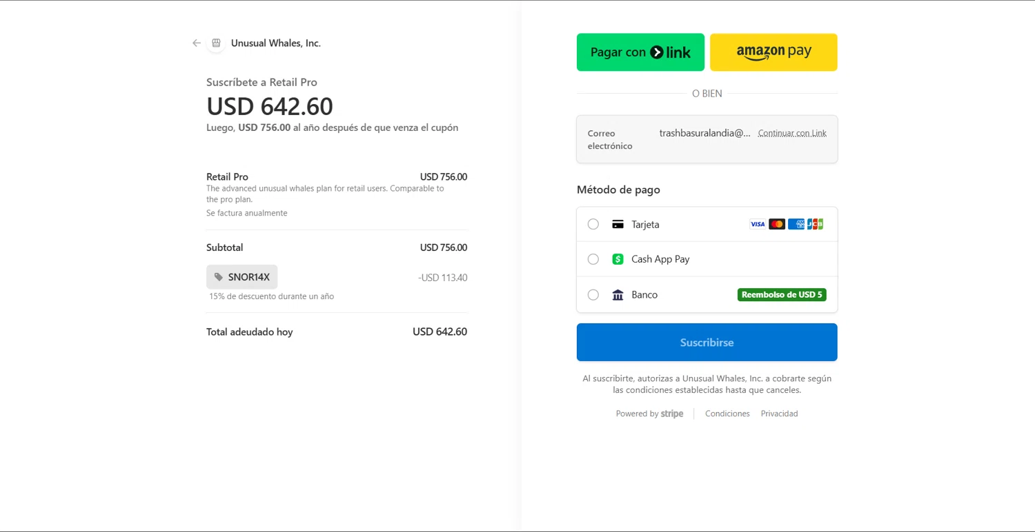 Unusual Whales discount code screenshot showing code snor14x applied at Unusual Whales checkout page. Uploaded by SimplyCodes community member Lanzaa on Nov 27, 2025
