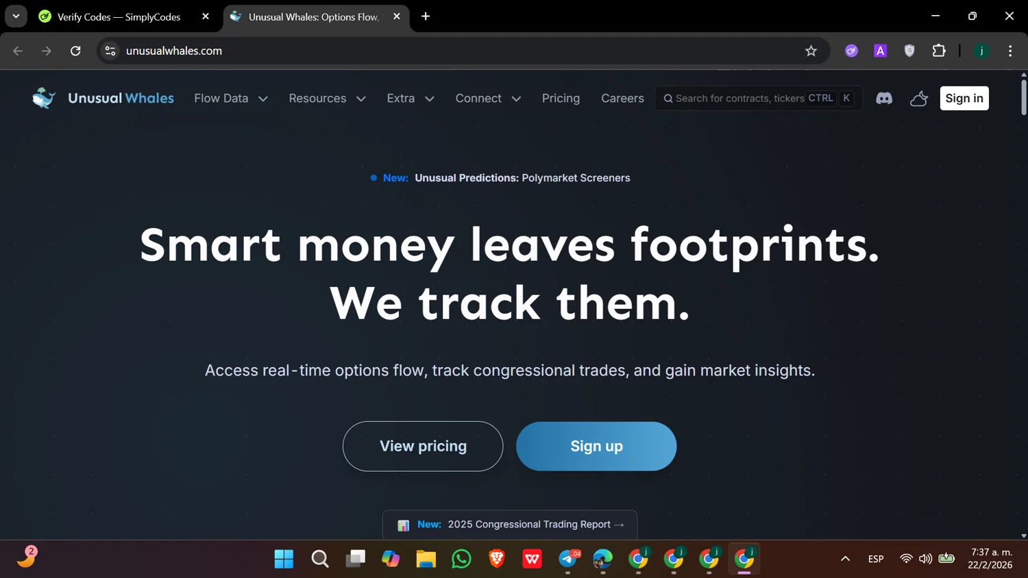 Unusual Whales promo code screenshot showing code snor14x applied at Unusual Whales checkout page. Uploaded by SimplyCodes community member hanzell2 on Feb 22, 2026