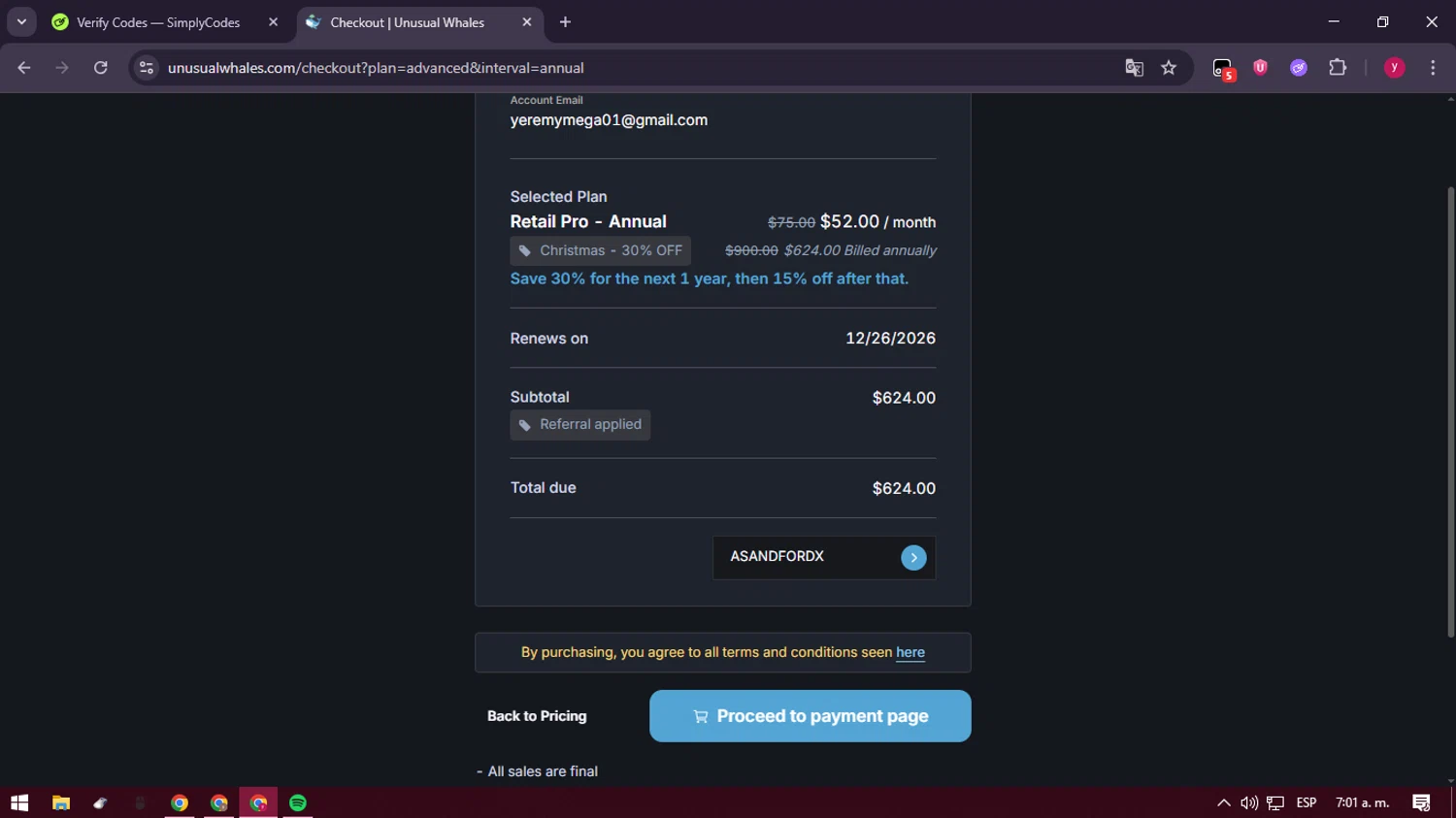Unusual Whales discount code screenshot showing code ASANDFORDX applied at Unusual Whales checkout page. Uploaded by SimplyCodes community member ValiantFox2134 on Dec 26, 2025