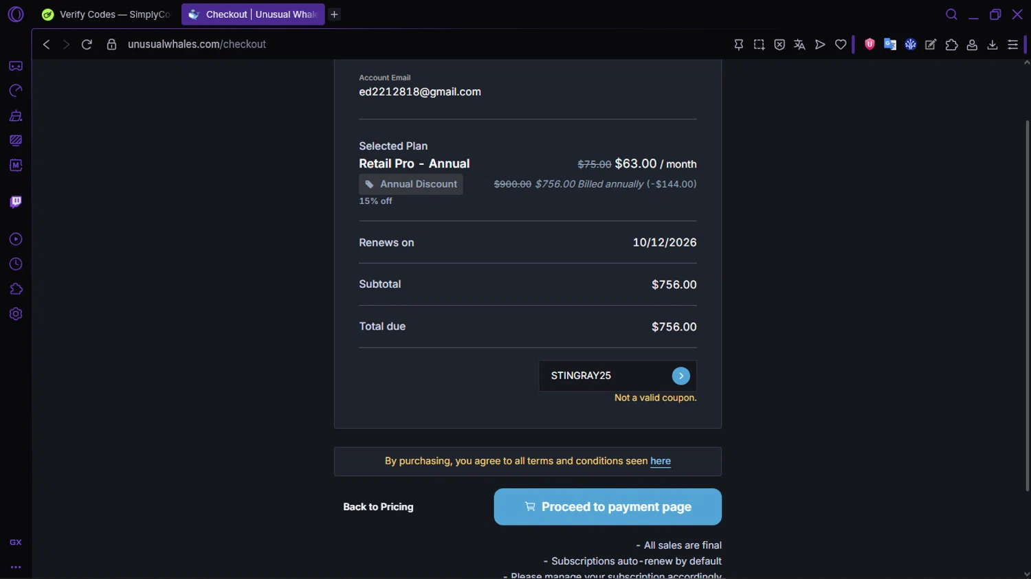 Unusual Whales promo code screenshot showing code STINGRAY25 applied at Unusual Whales checkout page. Uploaded by SimplyCodes community member RewardLion134 on Dec 11, 2025
