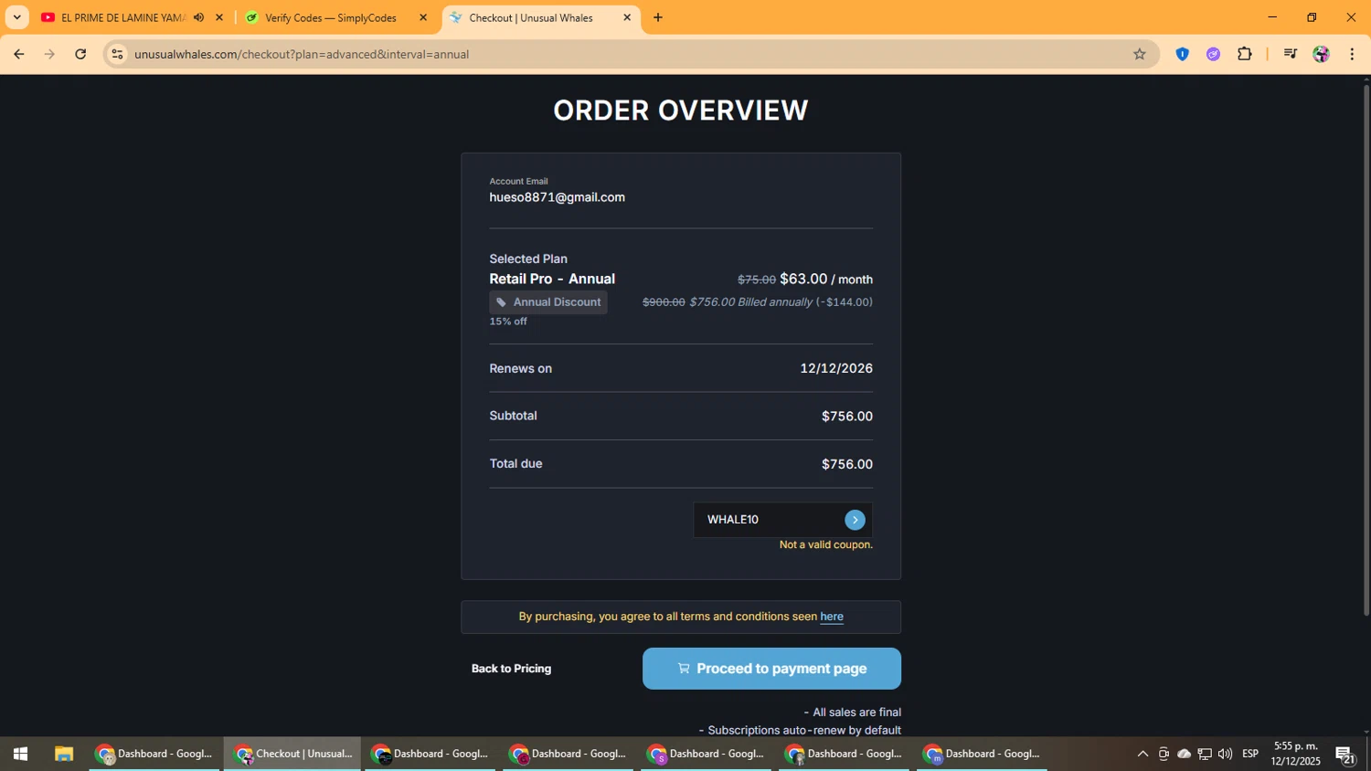 Unusual Whales promo code screenshot showing code WHALE10 applied at Unusual Whales checkout page. Uploaded by SimplyCodes community member Vanmanuel on Dec 12, 2025