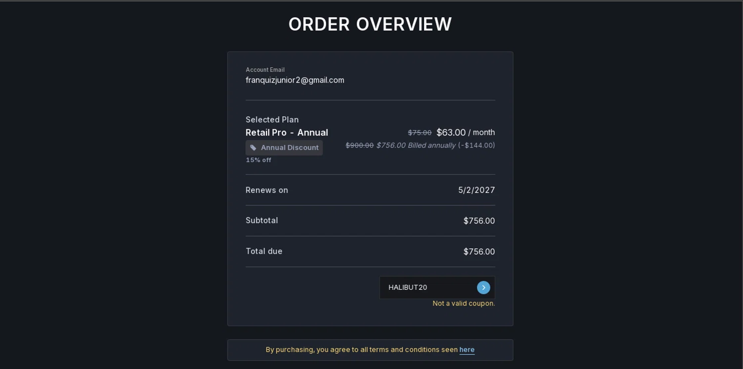 Unusual Whales promo code screenshot showing code HALIBUT20 applied at Unusual Whales checkout page. Uploaded by SimplyCodes community member HUNTER1406 on Feb 5, 2026