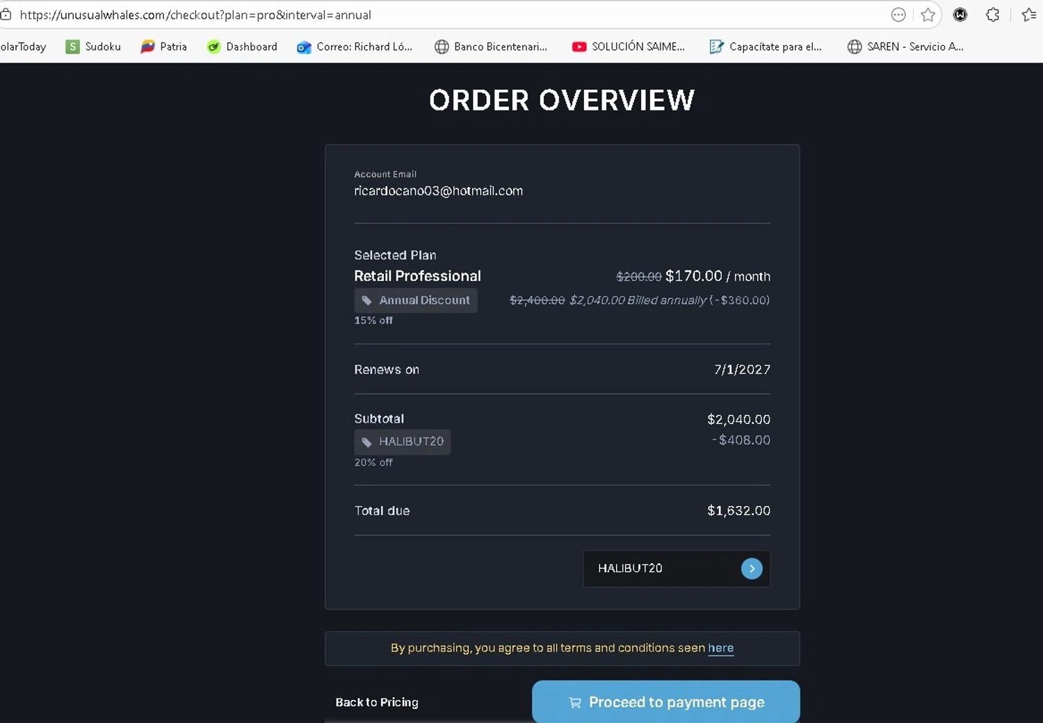 Unusual Whales promo code screenshot showing code HALIBUT20 applied at Unusual Whales checkout page. Uploaded by SimplyCodes community member LAMINEJAMAL on Jan 7, 2026