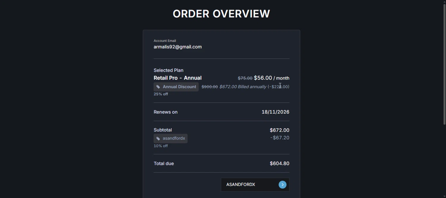 Unusual Whales discount code screenshot showing code ASANDFORDX applied at Unusual Whales checkout page. Uploaded by SimplyCodes community member armalissolorzano1 on Nov 18, 2025