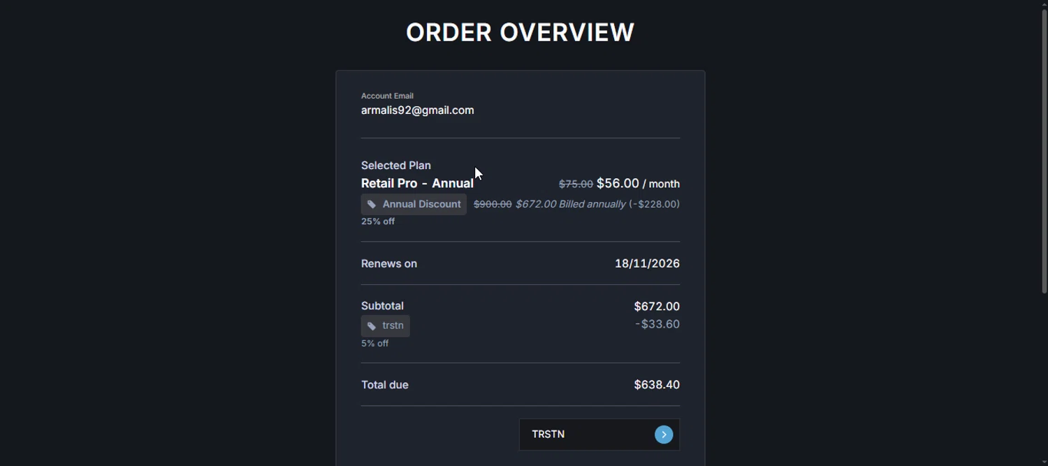 Unusual Whales discount code screenshot showing code TRSTN applied at Unusual Whales checkout page. Uploaded by SimplyCodes community member armalissolorzano1 on Nov 18, 2025