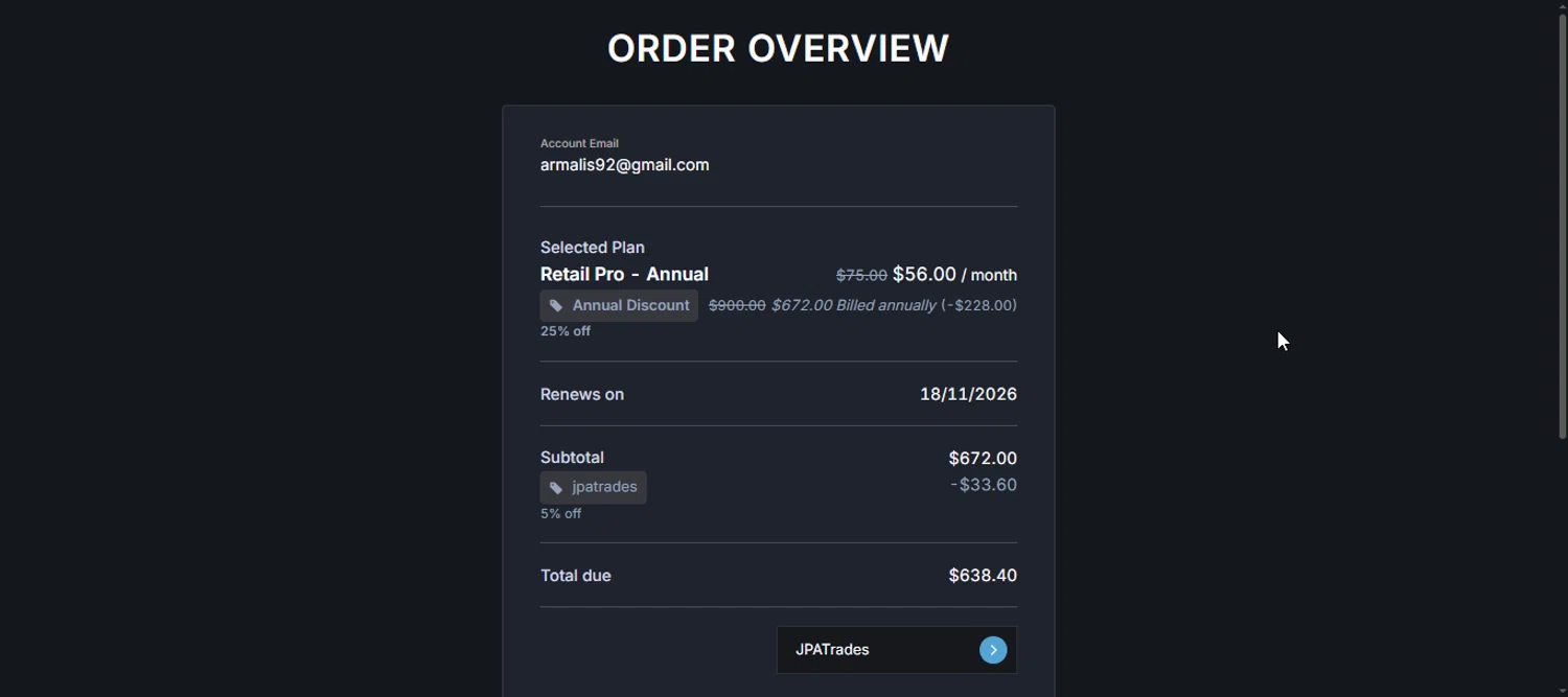 Unusual Whales discount code screenshot showing code JPATrades applied at Unusual Whales checkout page. Uploaded by SimplyCodes community member armalissolorzano1 on Nov 18, 2025