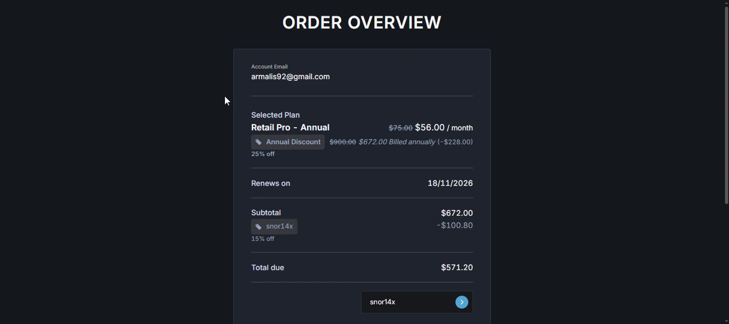 Unusual Whales discount code screenshot showing code snor14x applied at Unusual Whales checkout page. Uploaded by SimplyCodes community member armalissolorzano1 on Nov 18, 2025