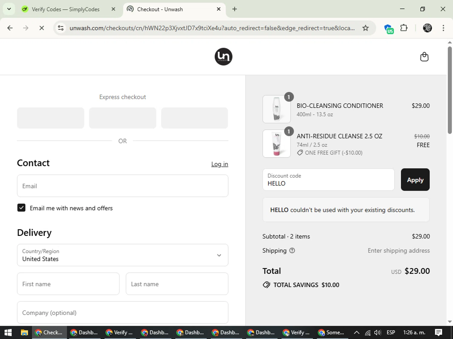 Unwash promo code screenshot showing code HELLO applied at Unwash checkout page. Uploaded by SimplyCodes community member PrimeKnight6101 on Aug 21, 2025