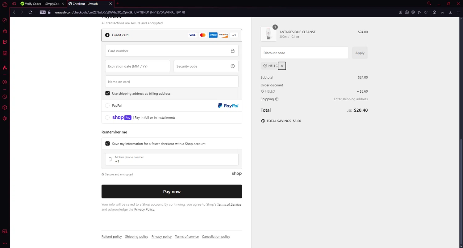 Unwash promo code screenshot showing code HELLO applied at Unwash checkout page. Uploaded by SimplyCodes community member SUPERsimplycodes on Jan 17, 2025