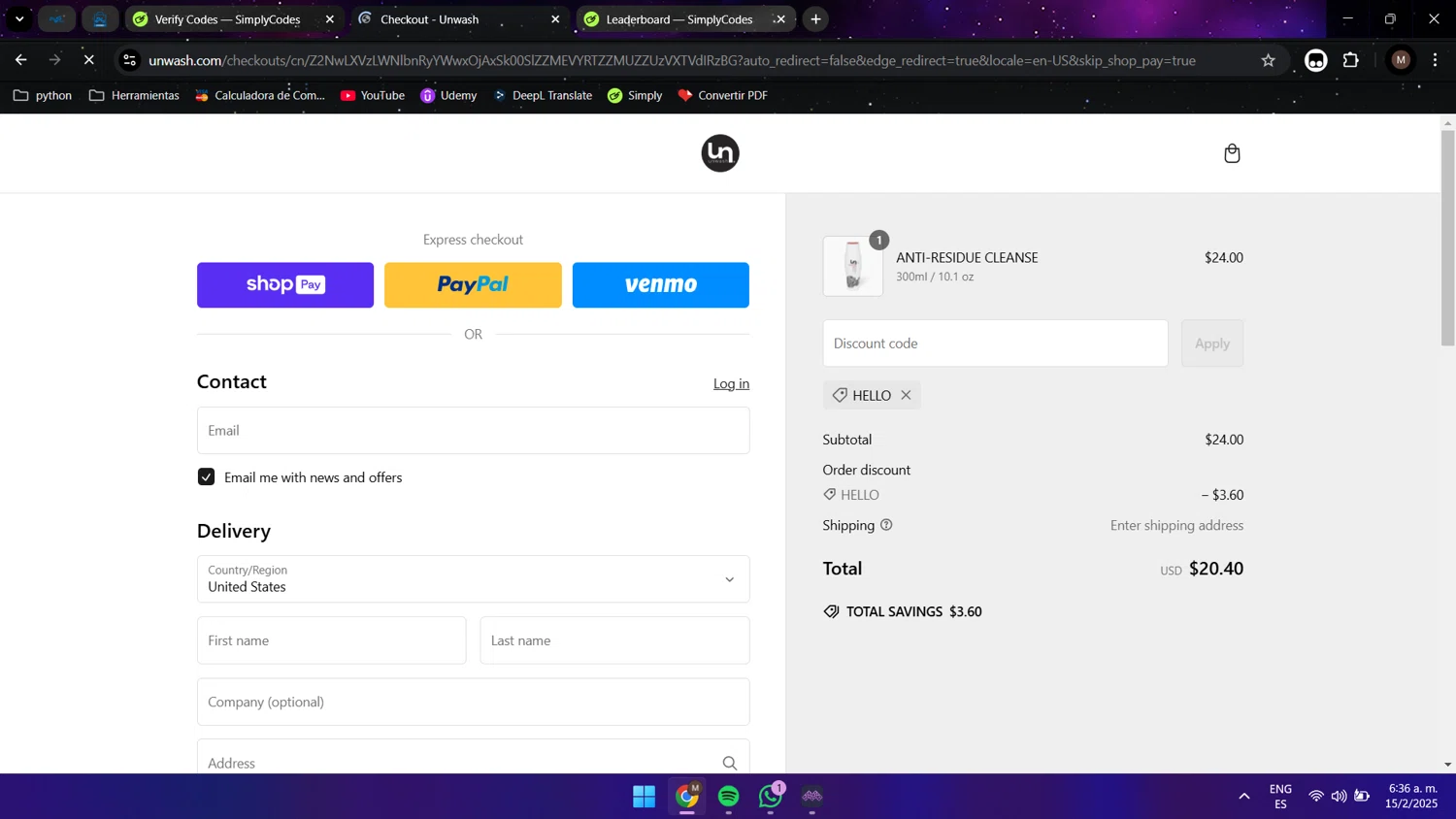 Unwash promo code screenshot showing code HELLO applied at Unwash checkout page. Uploaded by SimplyCodes community member Maocar on Feb 15, 2025