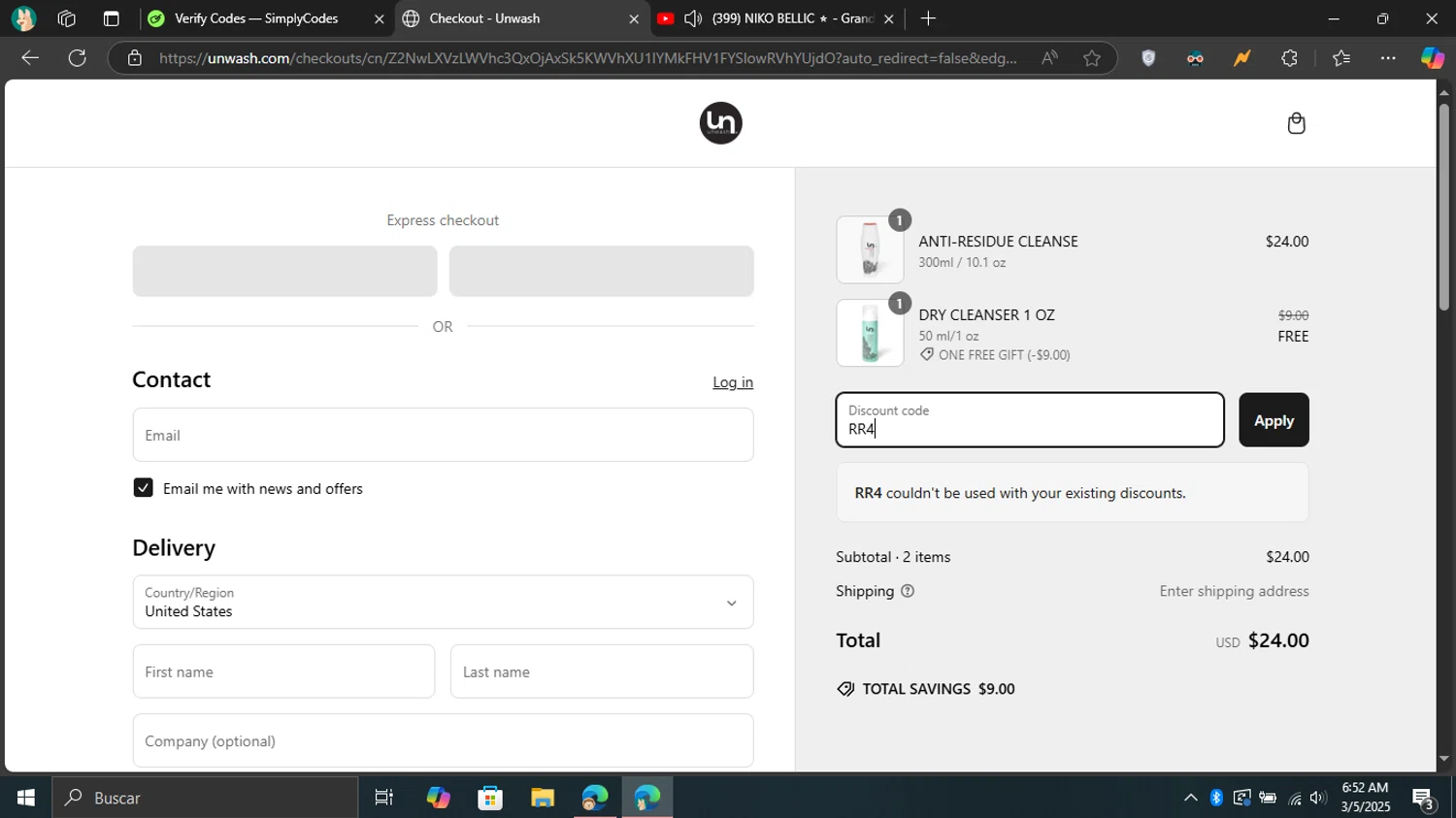 Unwash promo code screenshot showing code RR4 applied at Unwash checkout page. Uploaded by SimplyCodes community member Don_Quixote on Mar 5, 2025