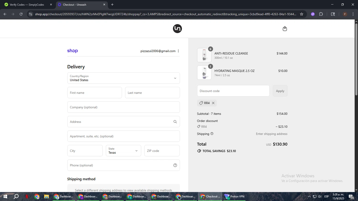 Unwash promo code screenshot showing code RR4 applied at Unwash checkout page. Uploaded by SimplyCodes community member ExtraordinaryHunter3076 on Sep 15, 2025