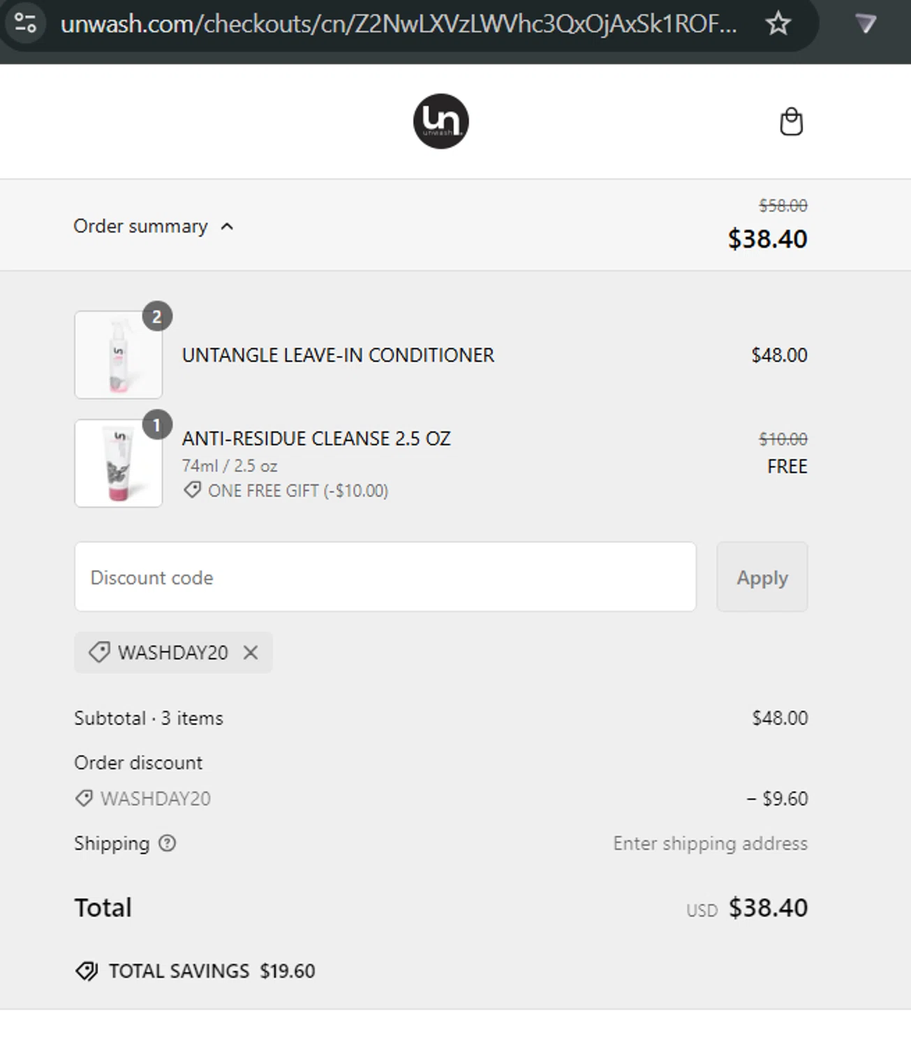 Unwash promo code screenshot showing code WASHDAY20 applied at Unwash checkout page. Uploaded by SimplyCodes community member LuisGaBa on Feb 22, 2025