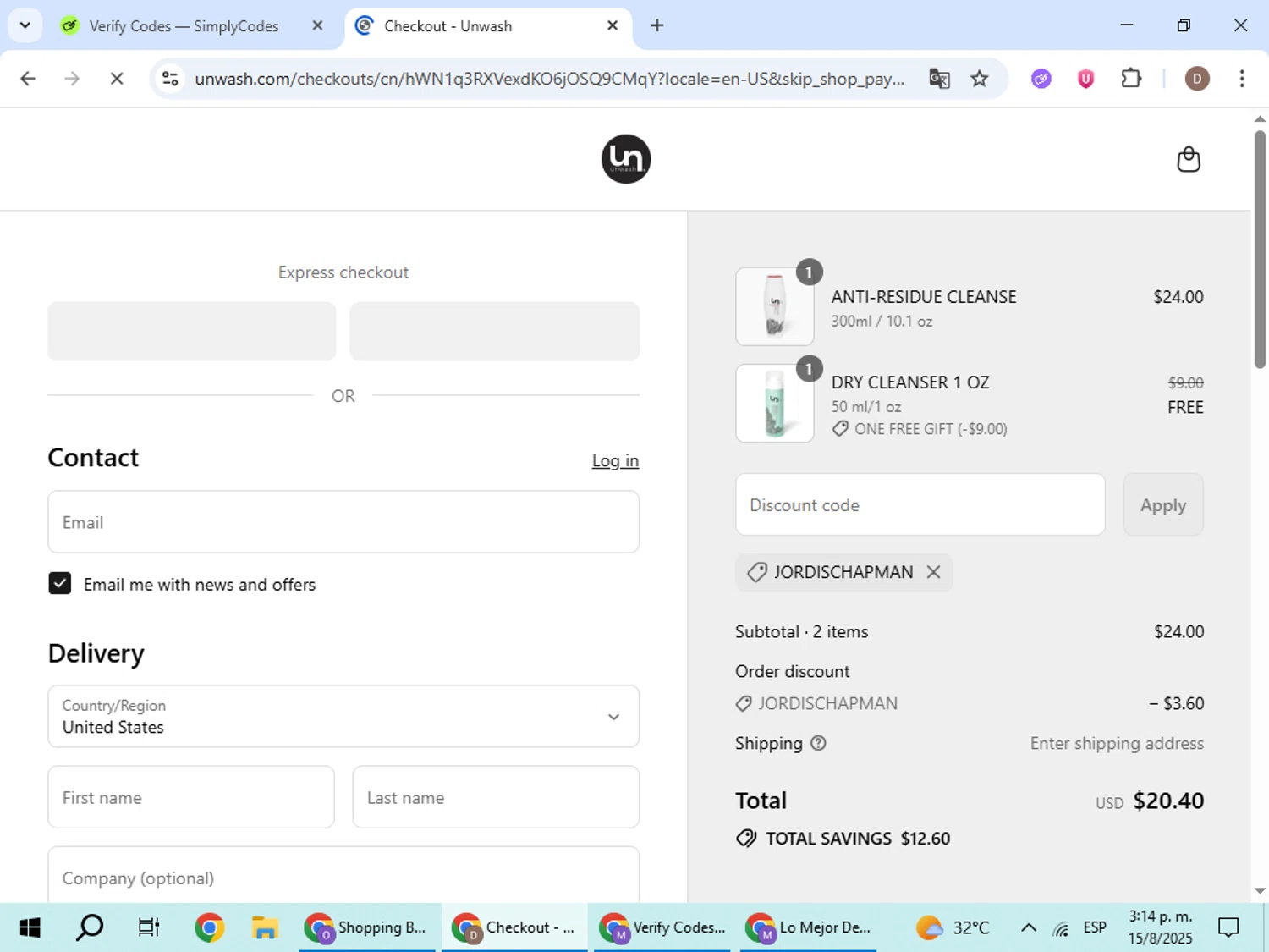 Unwash promo code screenshot showing code JORDISCHAPMAN applied at Unwash checkout page. Uploaded by SimplyCodes community member BrilliantWizard8884 on Aug 15, 2025
