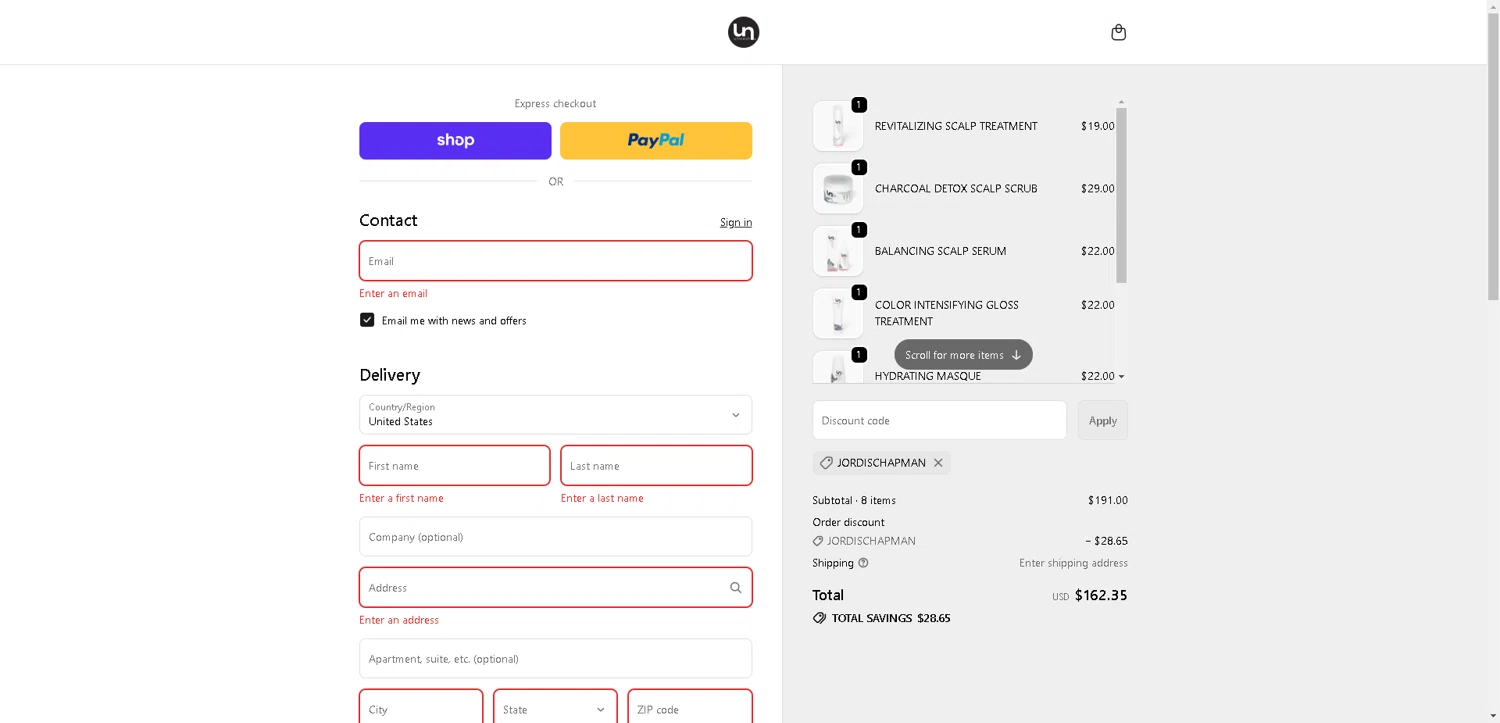 Unwash promo code screenshot showing code JORDISCHAPMAN applied at Unwash checkout page. Uploaded by SimplyCodes community member ExtraordinaryMaven3628 on Nov 22, 2025