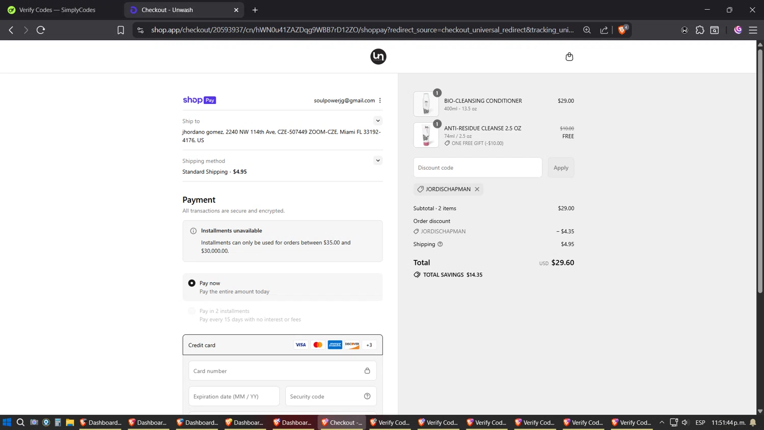 Unwash promo code screenshot showing code JORDISCHAPMAN applied at Unwash checkout page. Uploaded by SimplyCodes community member Phoenix on Jul 22, 2025