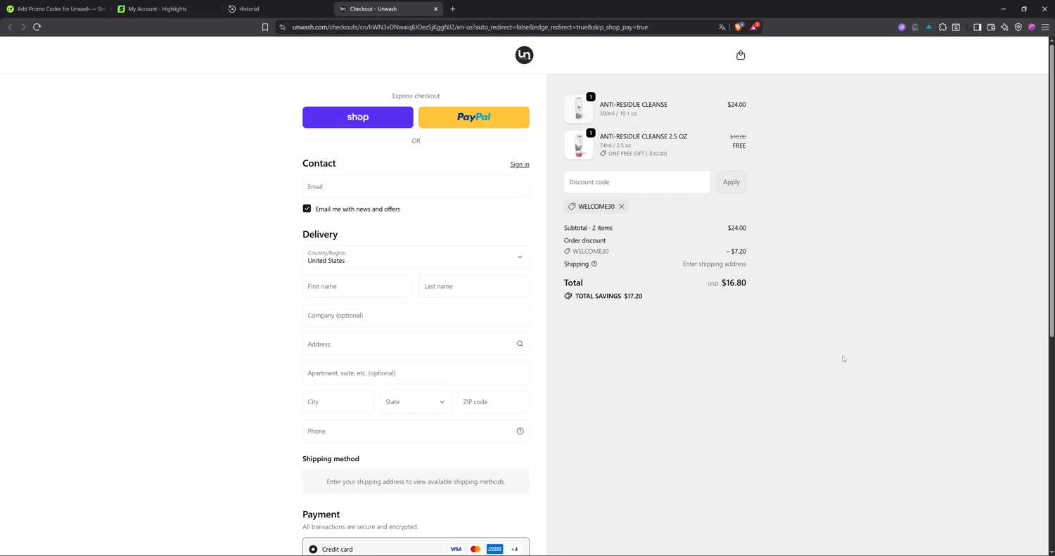 Unwash promo code screenshot showing code welcome30 applied at Unwash checkout page. Uploaded by SimplyCodes community member Cbombis on Oct 9, 2025