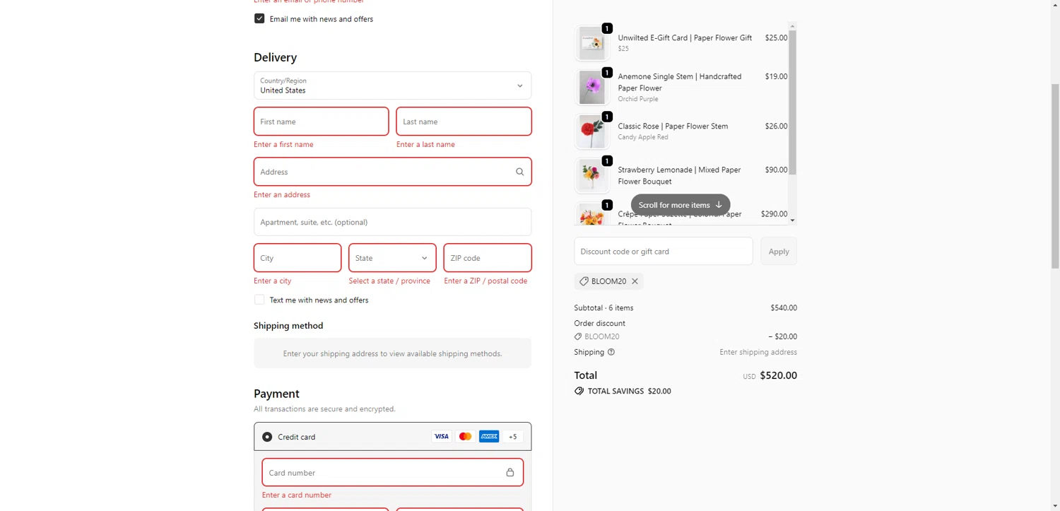 Unwilted promo code screenshot showing code bloom20 applied at Unwilted checkout page. Uploaded by SimplyCodes community member CodeGuardian5312 on Nov 21, 2025