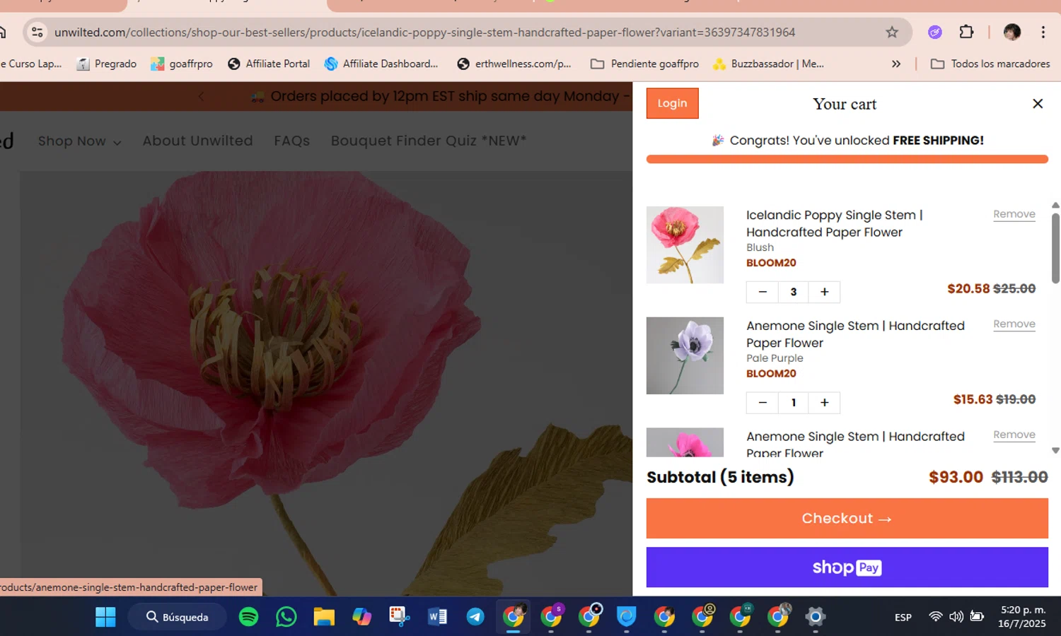 Unwilted promo code screenshot showing code bloom20 applied at Unwilted checkout page. Uploaded by SimplyCodes community member luisaballera on Jul 16, 2025
