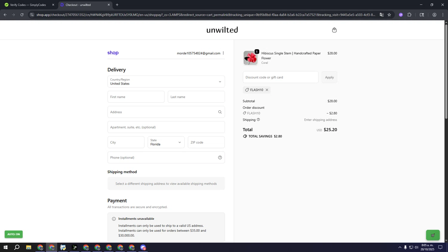 Unwilted promo code screenshot showing code FLASH10 applied at Unwilted checkout page. Uploaded by SimplyCodes community member ooooooooooooooooooo on Oct 20, 2025
