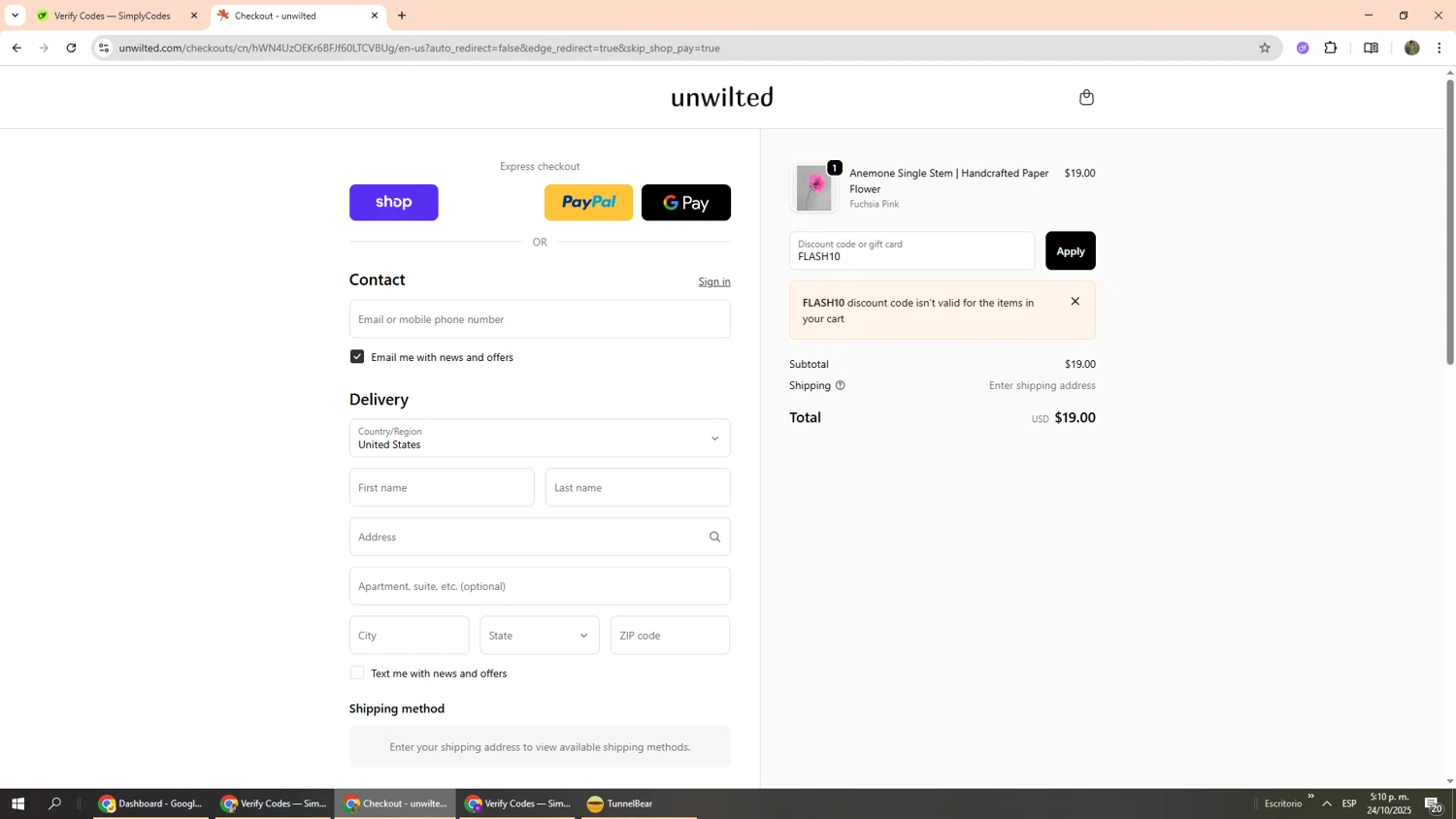 Unwilted promo code screenshot showing code FLASH10 applied at Unwilted checkout page. Uploaded by SimplyCodes community member Phoenix585 on Oct 24, 2025