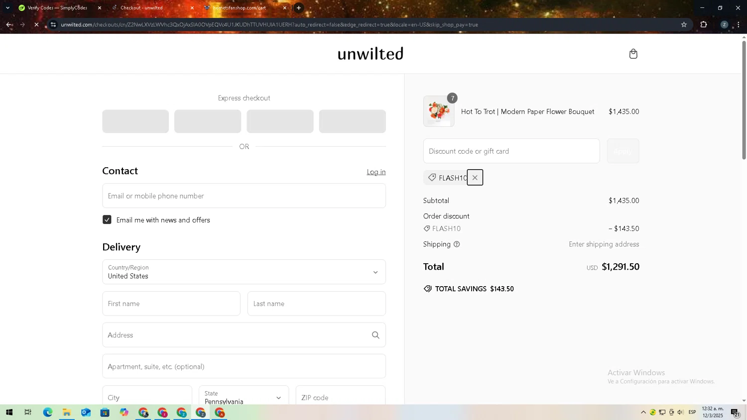 Unwilted promo code screenshot showing code FLASH10 applied at Unwilted checkout page. Uploaded by SimplyCodes community member 27zxbr on Mar 12, 2025
